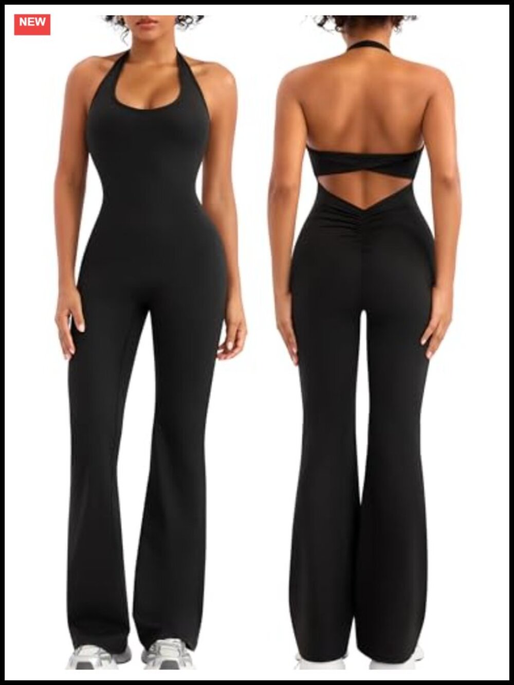 Flare Jumpsuit Halter Backless Butt Scrunch Workout Romper 78% Polyester 22%